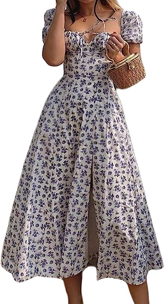 Women's Summer Boho Floral Dress Square Neck Ruffle High Split Beach Long Maxi Cottagecore Dress Sun | Amazon (US)