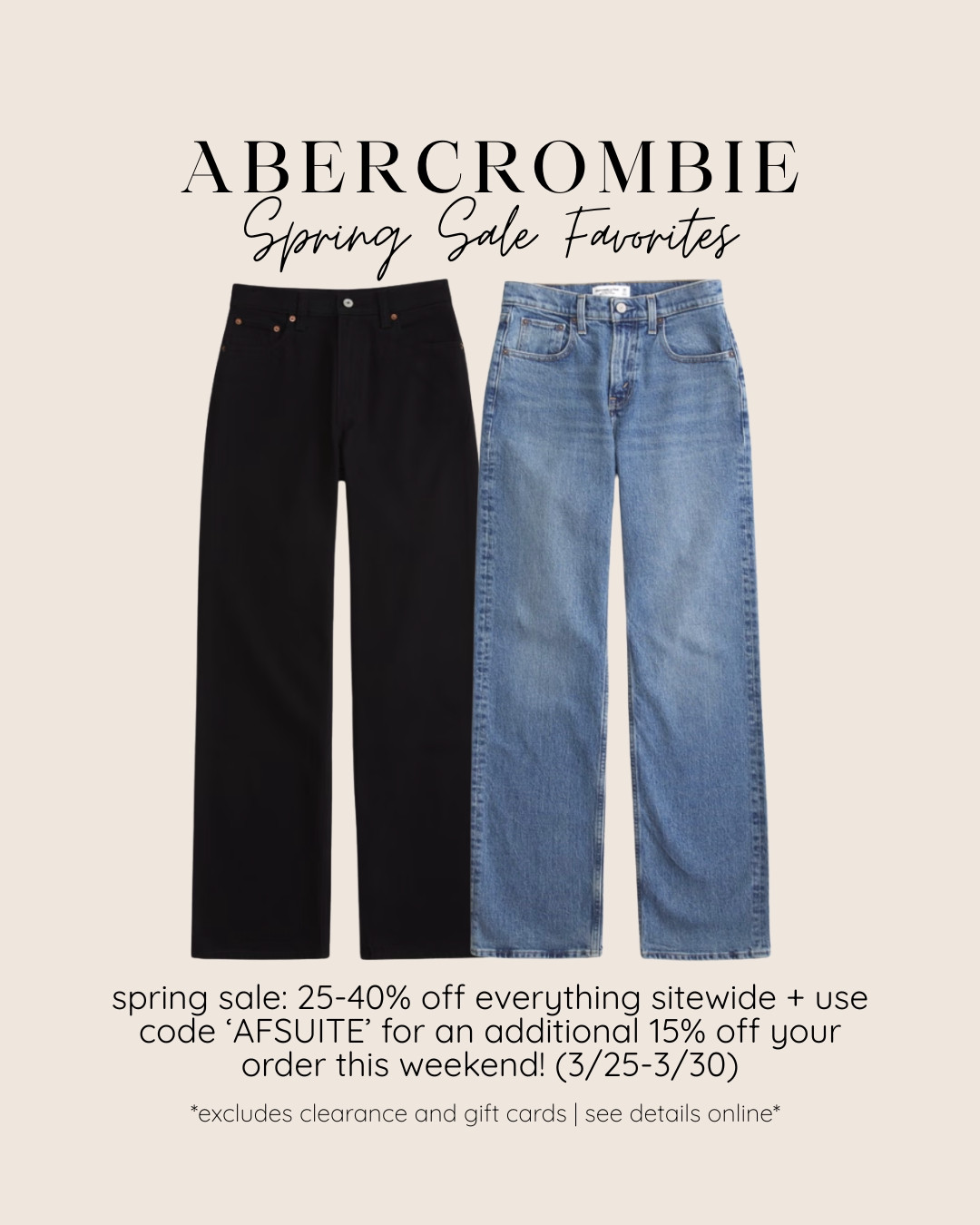 it was time for new jeans & i love both of these styles! @abercrombie 

The Abercrombie Spring Sale is happening now 🛍️
➔ 25-40% off EVERYTHING sitewide
➔ + an additional 15% off with code SUITEAF

*Sale runs 3/25-3/30
*Valid in US & CA Only
*Excludes clearance + gift cards
*See additional details online

#LTKPetite #LTKSaleAlert #LTKootd