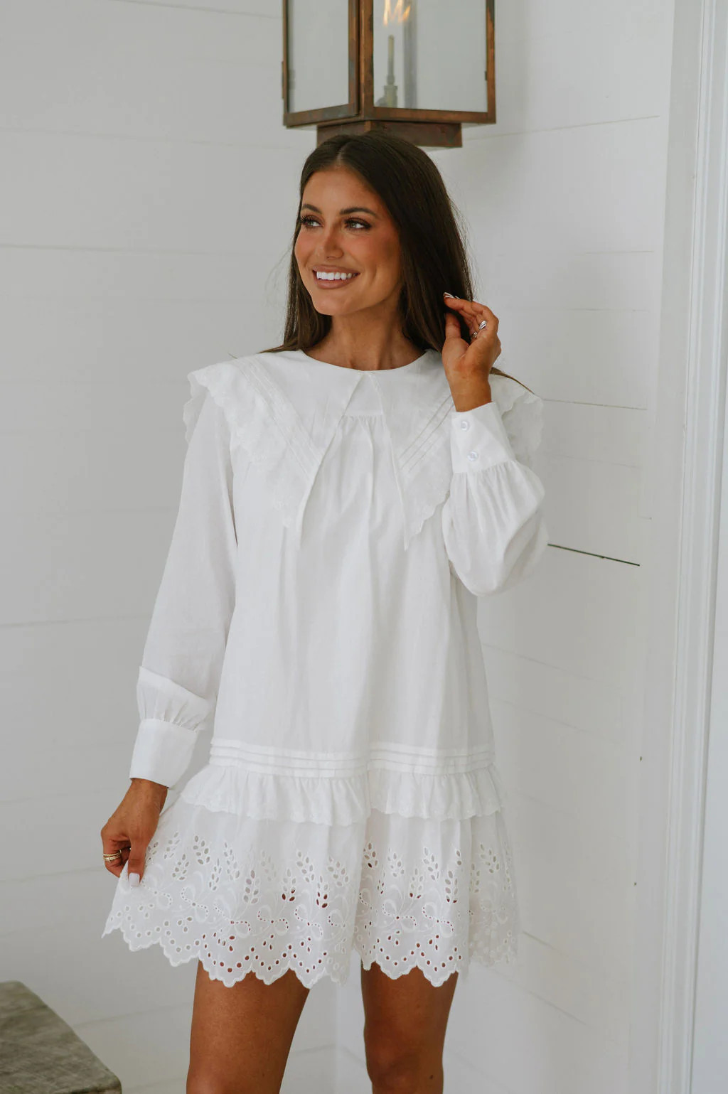 Mallie Eyelet Mini Dress-White | These Three