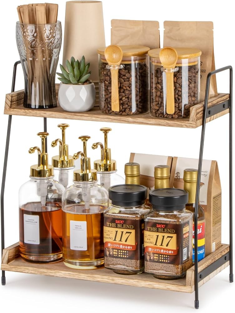 Countertop Coffee Station Organizer, 2 Tier Wooden Shelf for Coffee Bar Accessories, Condiment St... | Amazon (US)