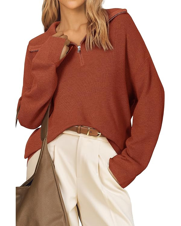 Arach&Cloz Women's Wool Blend Quarter Zip Pullover Sweater Trendy Winter Soft Casual Lapel Oversi... | Amazon (US)