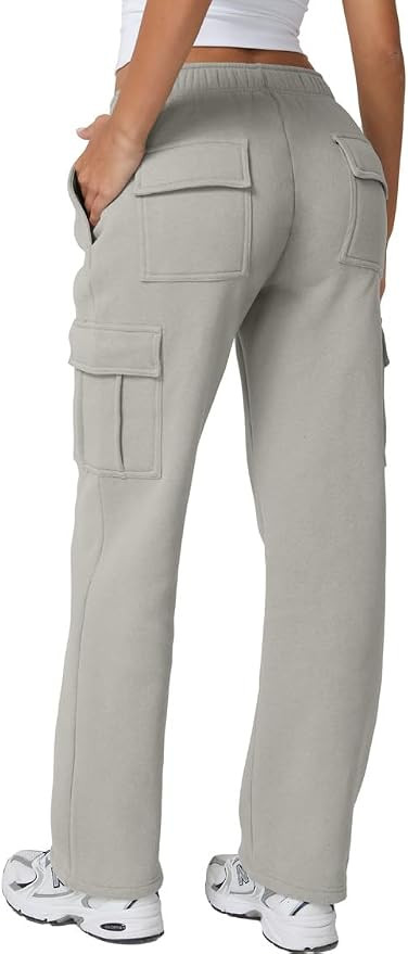 QINSEN Womens Elastic Medium Waist Pocket Sweatpants Fleece Cargo Pants | Amazon (US)