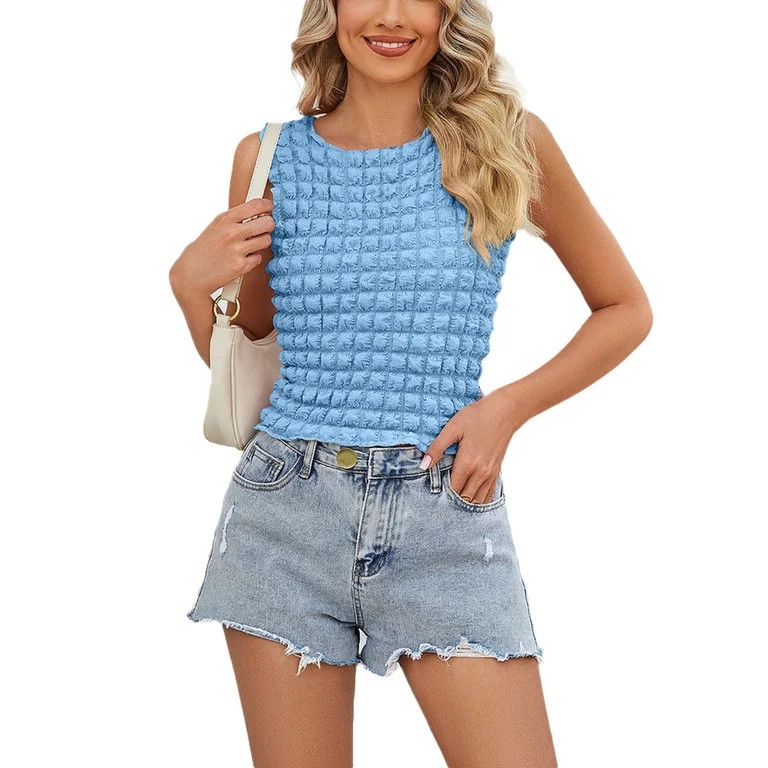 Baywell Tank Top for Women Sleeveless Popcorn Crop Top Crew Neck Going Out Outfit Y2K Clothing St... | Walmart (US)