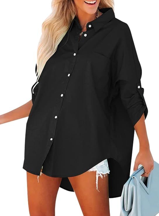 Dokotoo Womens Casual Button Down Shirts Long Sleeve Oversized Tunic Blouses Tops | Amazon (US)
