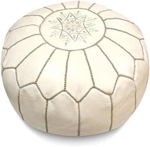 Mina Stuffed Moroccan Leather Pouf Ottoman, 20" Diameter and 13" Height (White with Grey Stitches... | Amazon (US)