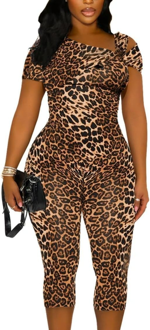 Women's Leopard Capri Jumpsuit - Summer Casual One Piece Jumpsuits Bodycon Short Sleeve Romper Ou... | Amazon (US)