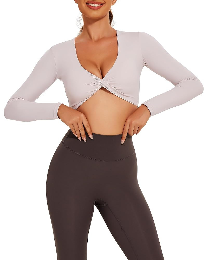 FITTOO Long Sleeve Crop Tops for Women Twist Deep V Workout Padded Top Yoga Gym Cropped Shirt | Amazon (US)