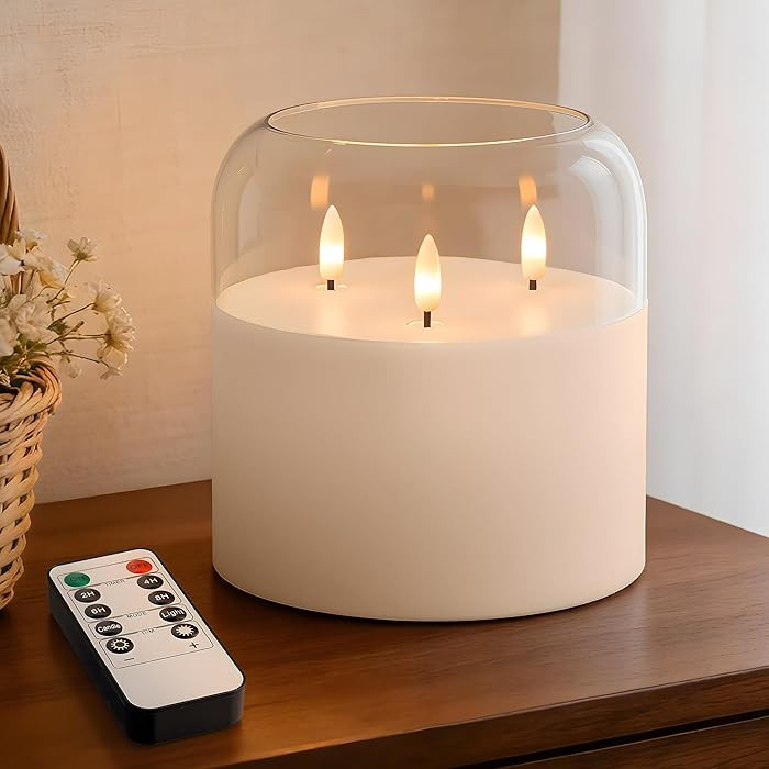 3 Wick Glass Flameless Candle with Remote and Timer, 6"x6" Extra Large Real Wax LED Pillar Candle... | Amazon (US)