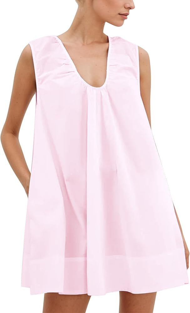 Women Summer Sleeveless Babydoll Mini Dress Scoop Neck Loose Fit Tank Dresses Party Ruched Short ... | Amazon (US)