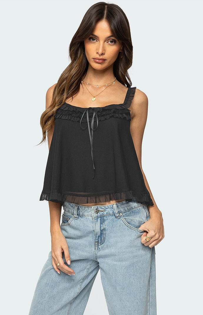 Edikted Women's Ruffle Mesh Babydoll Tank Top in Black - Size Small | PacSun