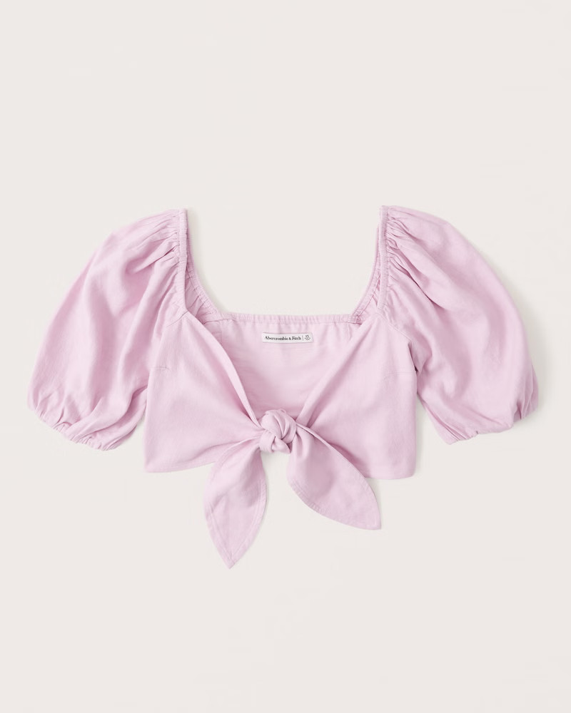 Tie-Front Linen-Blend Puff Sleeve Top | Abercrombie & Fitch (US)