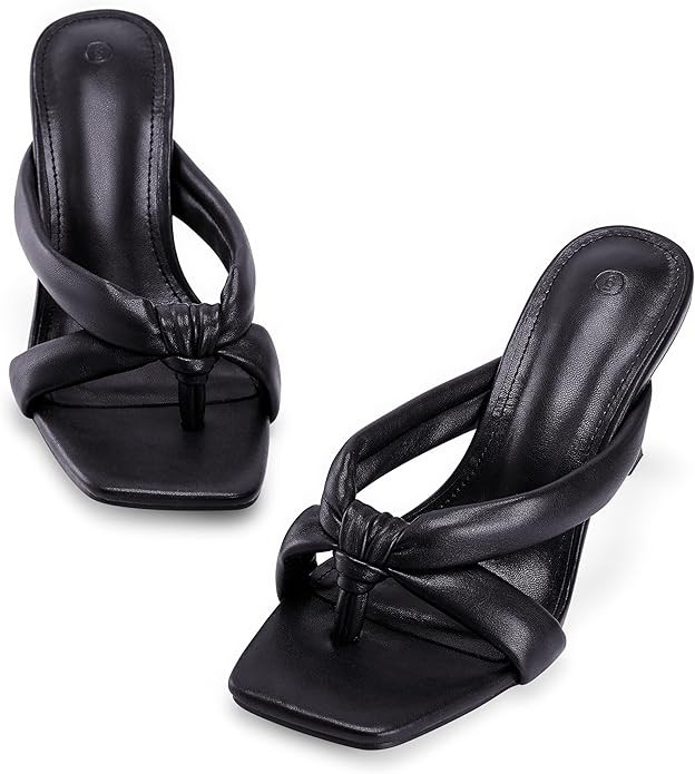 Coutgo Womens Thong Heels Mules Square Toe Heeled Flip Flops Mule Sexy Stiletto Dress Party Sanda... | Amazon (US)