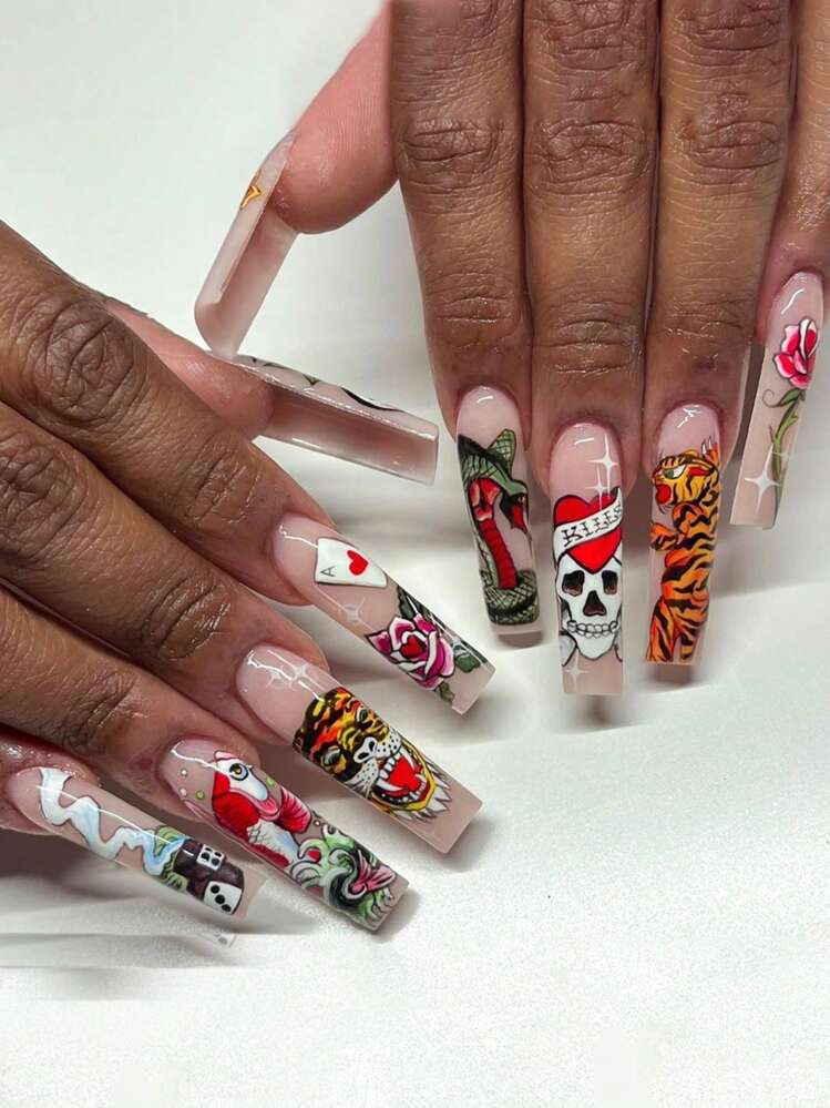 24Pcs Long Coffin Nail Nail Patch Halloween Series Skull Flower Playing Card Snake Pattern Press-On Nails Suit (With: A Piece Of Jelly Glue 1 Root Rubbing Strip) Suitable For Daily Date Party Party Press On Nails Nail Supplies Nails | SHEIN