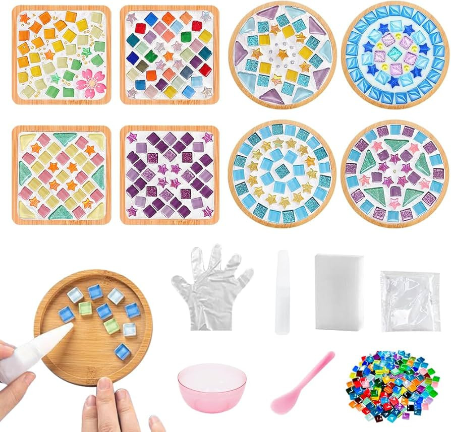 Adboros 8 Sets DIY Glass Mosaic Tiles for Crafts Mixed Color Mosaic Kits with Wooden Coaster for ... | Amazon (US)