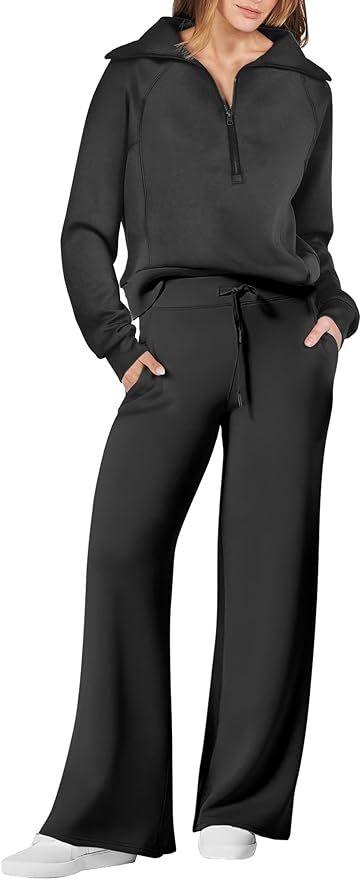 ANRABESS Women 2 Piece Outfits Sweatsuit Set 2023 Fall Oversized Half Zip Sweatshirt Wide Leg Swe... | Amazon (US)