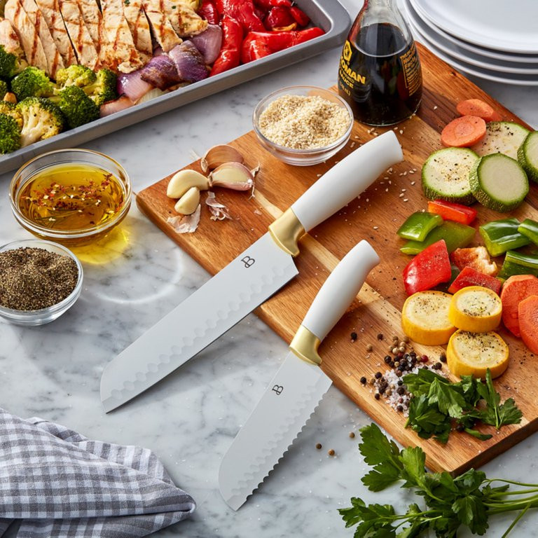 Beautiful 2 Piece Stainless Steel Santoku Set White with Gold Accents by Drew Barrymore - Walmart... | Walmart (US)