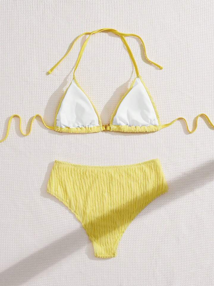 Swim Mod Plus Size Women 2 Pieces Swimwear Set, Solid Color Textured Fabric Sweet Cute String Tri... | SHEIN