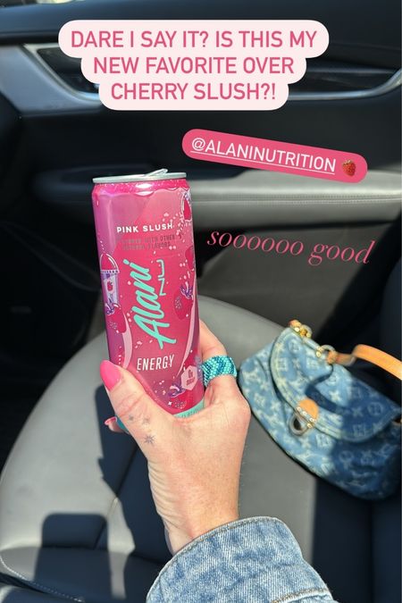 Alani nu pink slush energy drink Walmart finds for summer mom life and denim Louis Vuitton 90s style bag