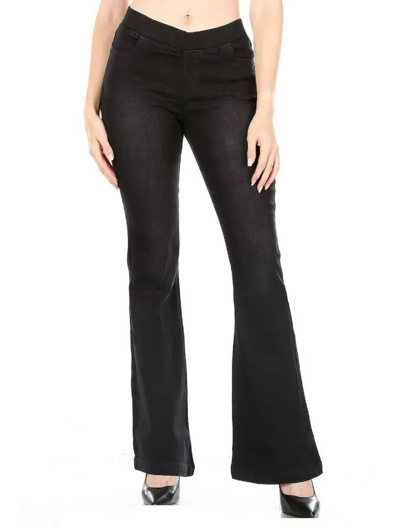 Jvini Women's Flare Jeans Pull-On Slimming High Waisted Flared Leg Denim Washed Black Denim - Wal... | Walmart (US)