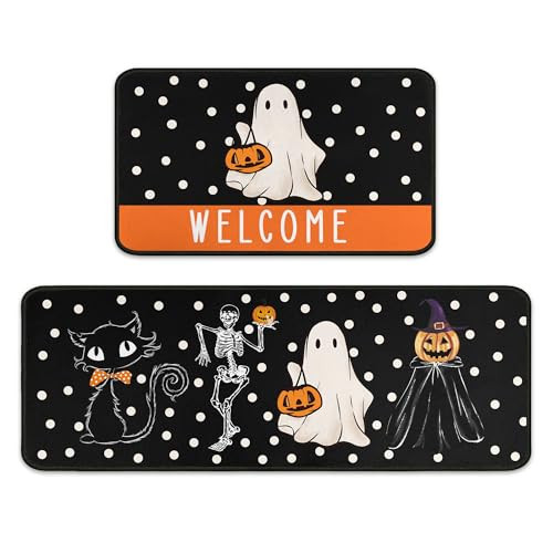 Halloween Welcome Kitchen Rugs Set of 2, Halloween Decorations Non Slip Backing Black Cat Pumpkin Ghost Skull Kitchen Mats for Floor Holiday Rug Halloween Decor for Home 17"X47"+17"X30" | Amazon (US)