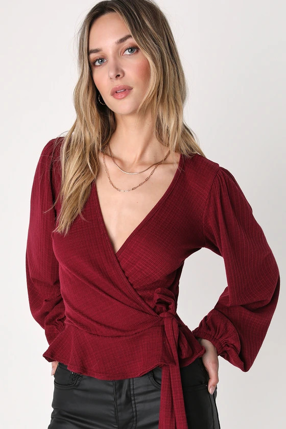 Everyday Fashionista Burgundy Knit Surplice Peplum Top | Red Top | Holiday Tops | Lulus (US)