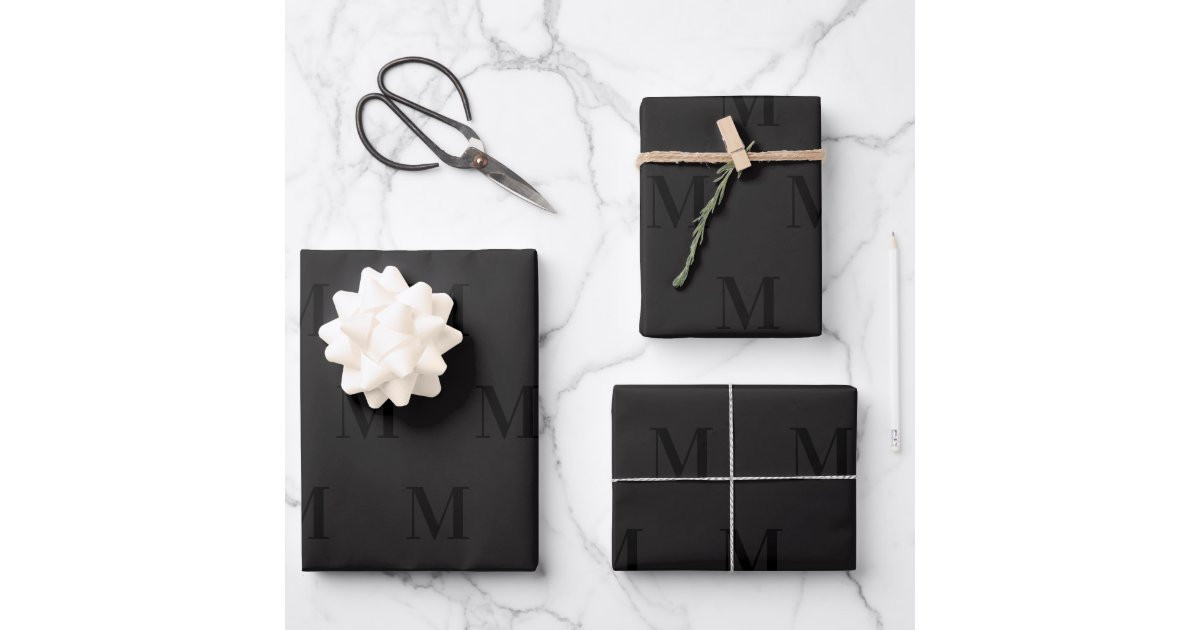 Modern Black Dark Gray Minimalist Monogram Wrapping Paper Sheets | Zazzle | Zazzle