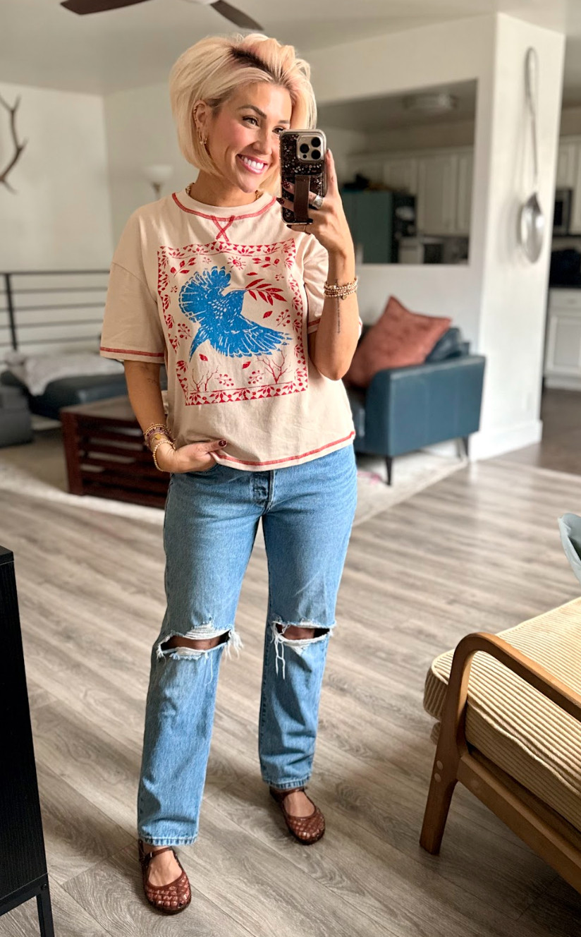 Stylish and comfy! Loving this graphic tee with my favorite distressed jeans. Top: Small // Jeans: 29 // Shoes: TTS 

 #LTKootd #LTKSaleAlert