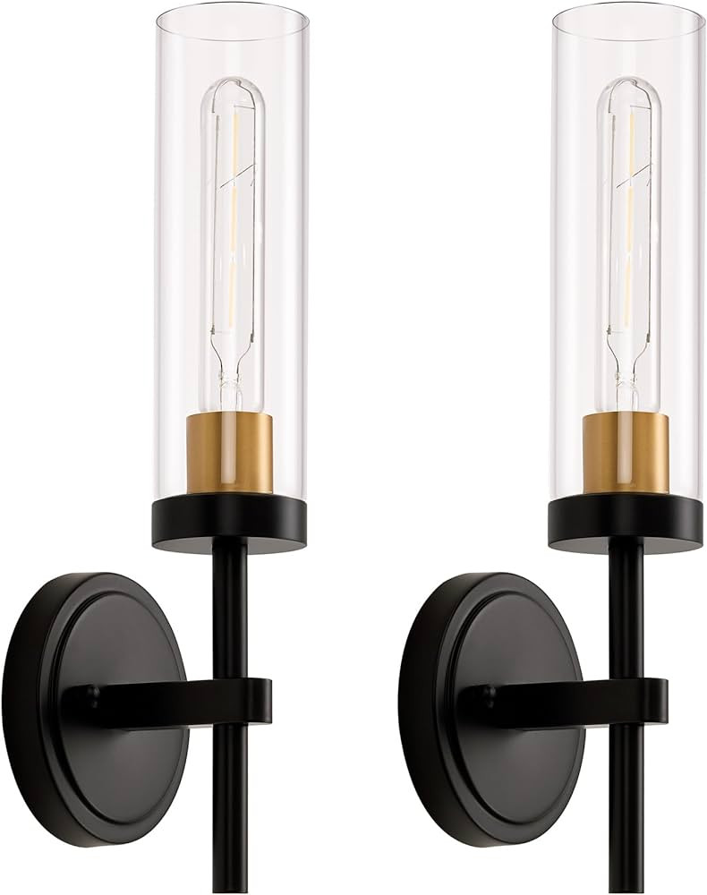 Black and Gold Hardwired Wall Sconces, Set of 2, Modern Bathroom Vanity Wall Lighting with Clear ... | Amazon (US)