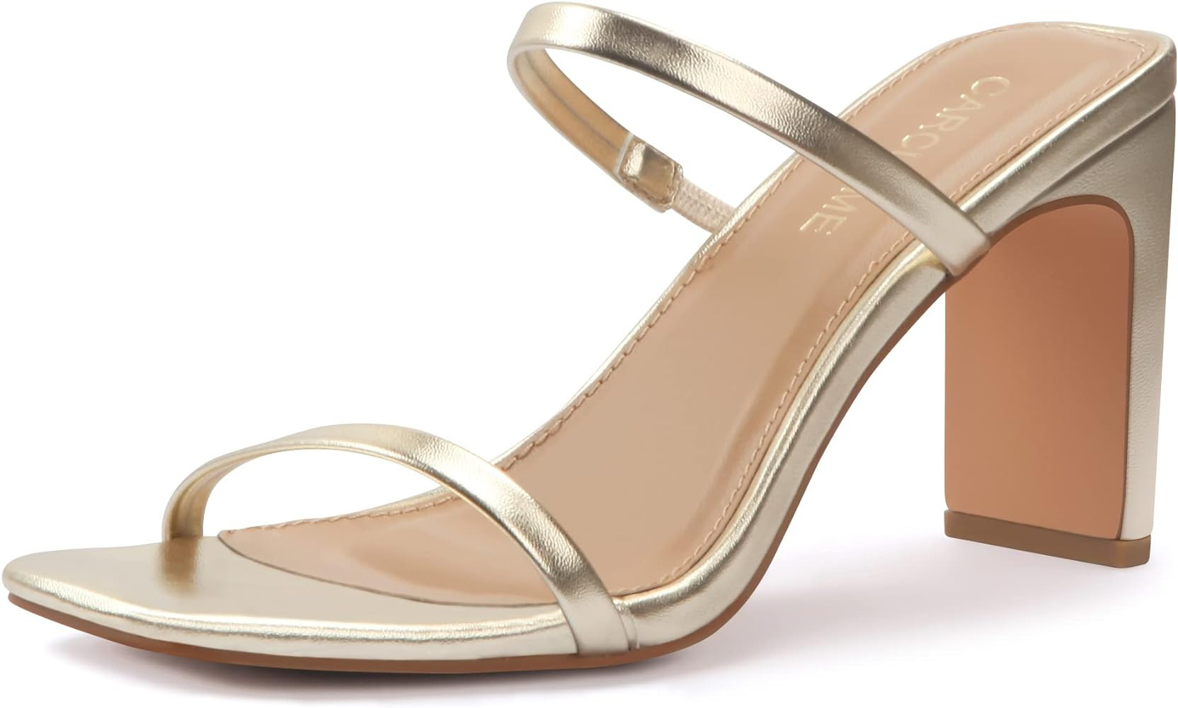 Carcuume Women's Square Toe Two Strap Open Toe Block Heels Sandals Slip On Shoes | Amazon (US)