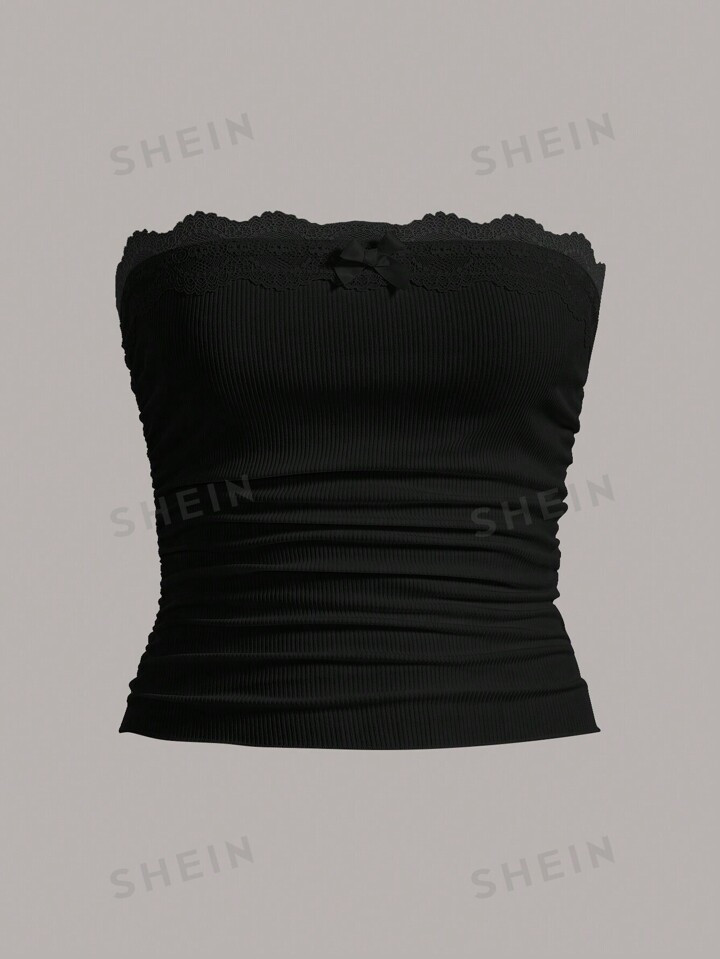 $8.50$9.10-7%SHEIN EZwear Black Contrast Lace Ruched Tube TopColor: Black | SHEIN