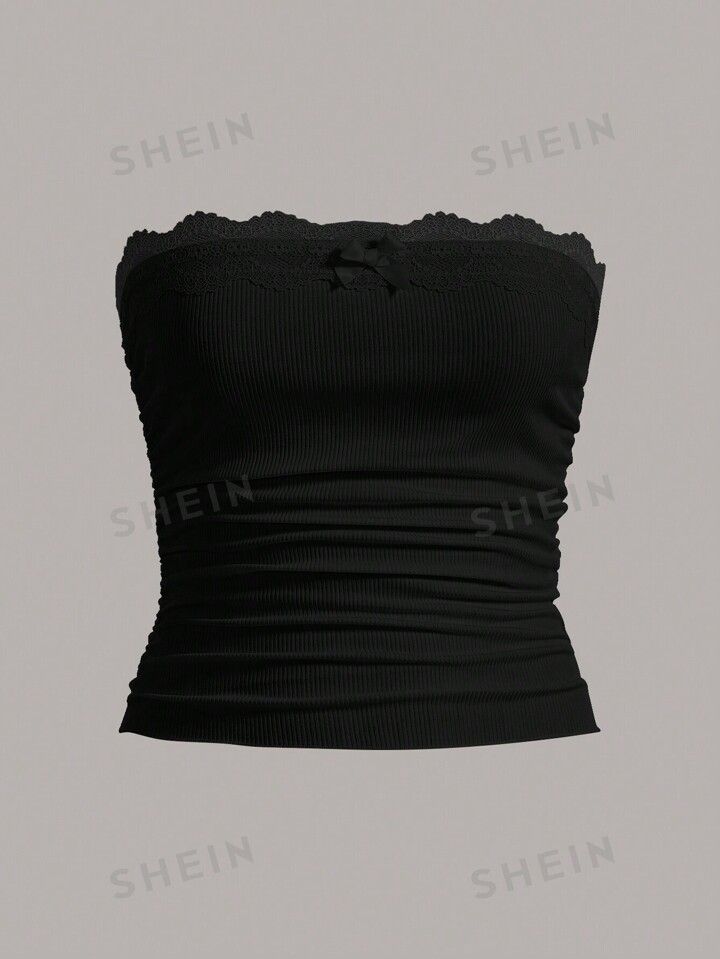 SHEIN EZwear Black Contrast Lace Ruched Tube Top | SHEIN