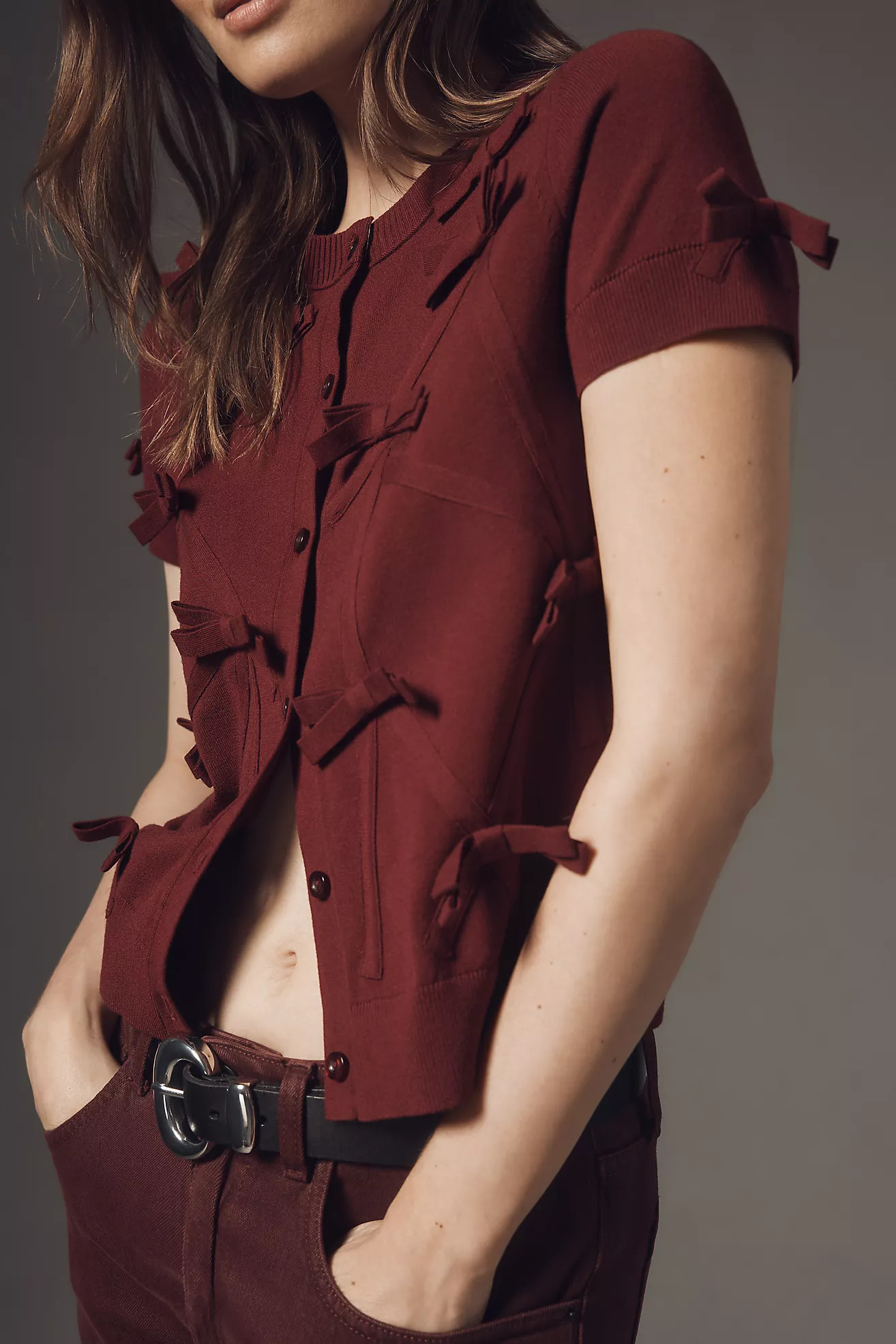 Maeve Short-Sleeve Bow Appliqu\u00e9 Cardigan Sweater | Anthropologie (US)