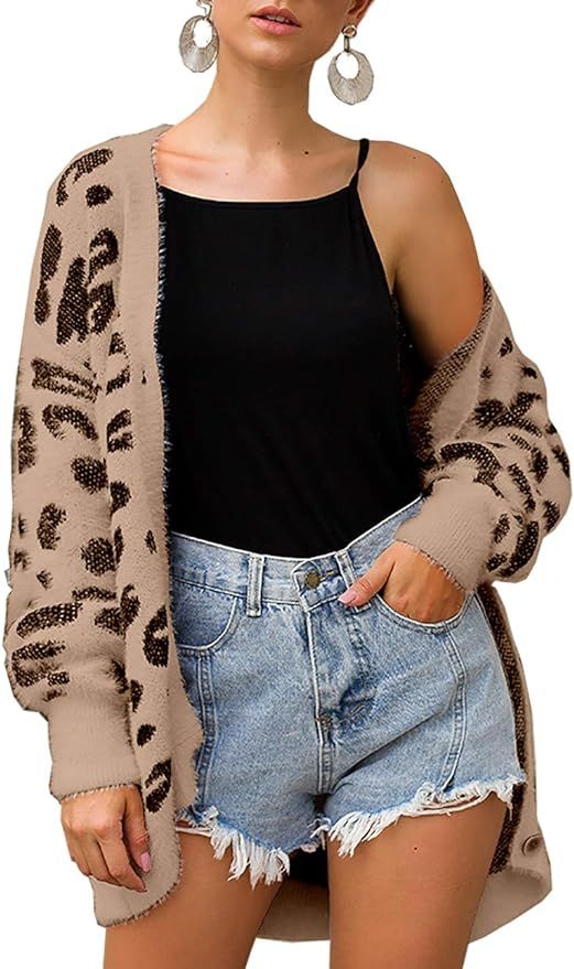 BTFBM Women Fashion Leopard Print Button Down Long Sleeve Soft Loose Knit Sweater Cardigan Coat F... | Amazon (US)