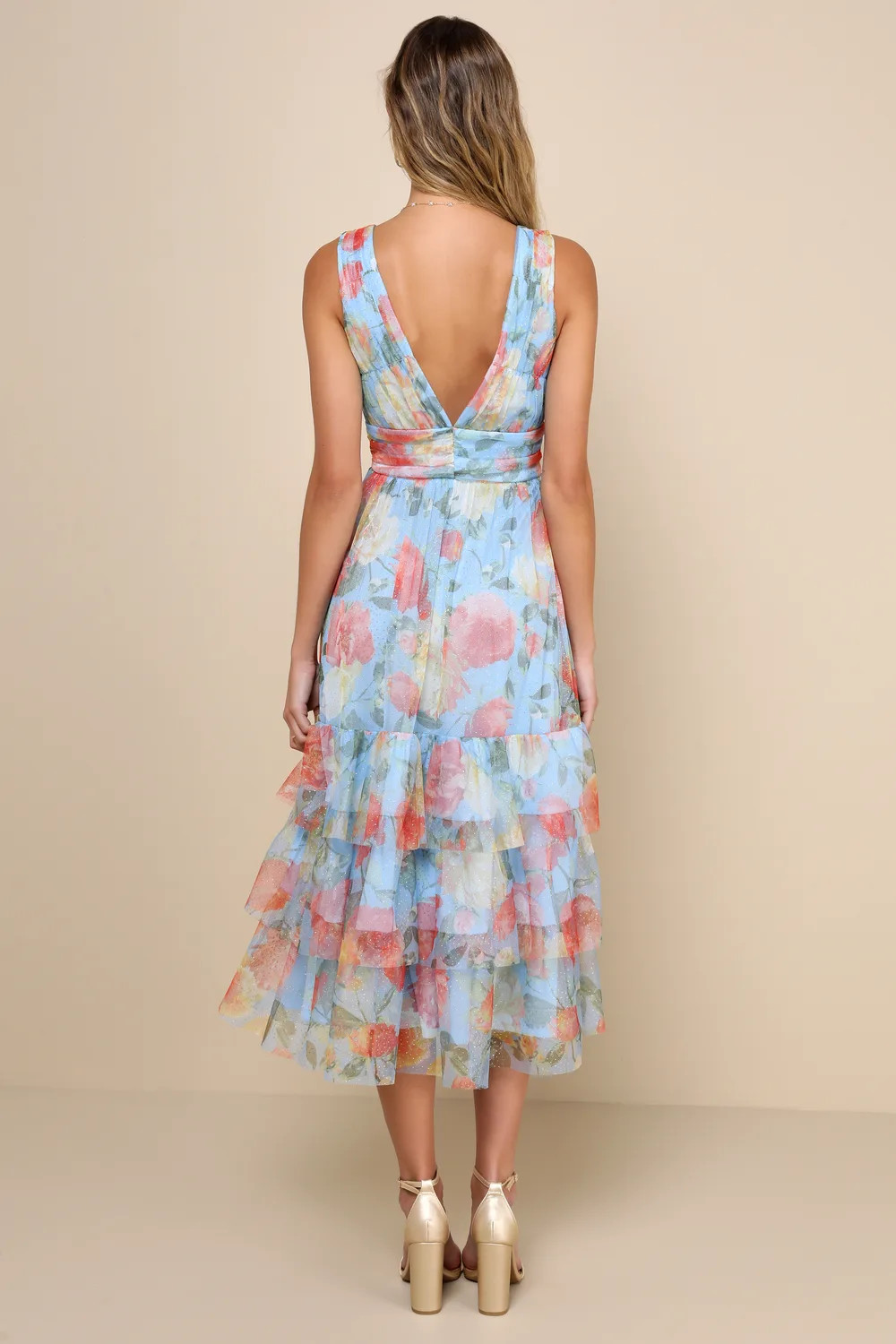 Perfectly Divine Blue Floral Tulle Tiered Ruffled Midi Dress | Lulus