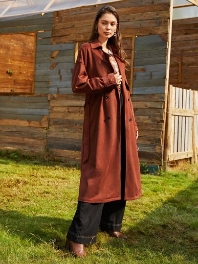 SHEIN Double Breasted Drop Shoulder Belted Suede Trench Coat | SHEIN