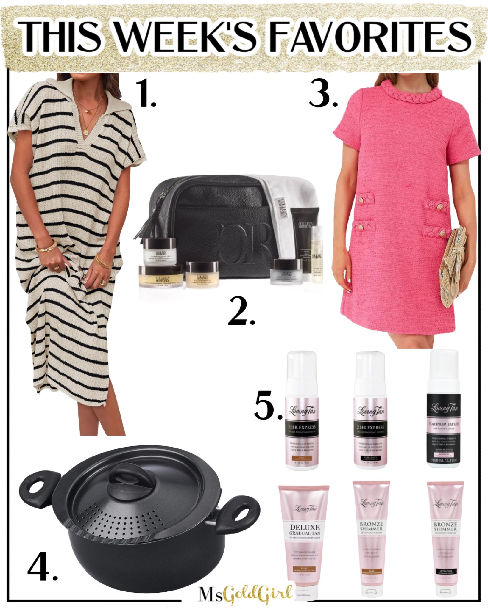 This week’s favorites of the week:
1. This knit maxi dress has a sophisticated look but it’s SO comfortable! It’s a throw on and go kind of dress.
2. The Discovery Kit is a great introduction to the brand and perfect for travel. They have an email sign up for notification if it’s sold out for restocks.
3. I wore this vintage style tweed dress for Mother’s Day brunch and it was PERFECT! Comes in lots of colors too. I wore it in size XS.
4. If you make pasta, hard boiled eggs, basically anything that needs to be boiled and drained, you’ll love this pot! The strainer is built into the lid. A great gift for kids moving into their first apartment.
5. These are the self tanners I use all year long-and they’re 15% off this weekend!

#fridayfavorites #amazonfinds #amazonfashion #maxidress #weddingguestdress #kitchen #fashionover50 #fashionover40 

#LTKBeauty #LTKFindsUnder50 #LTKOver40