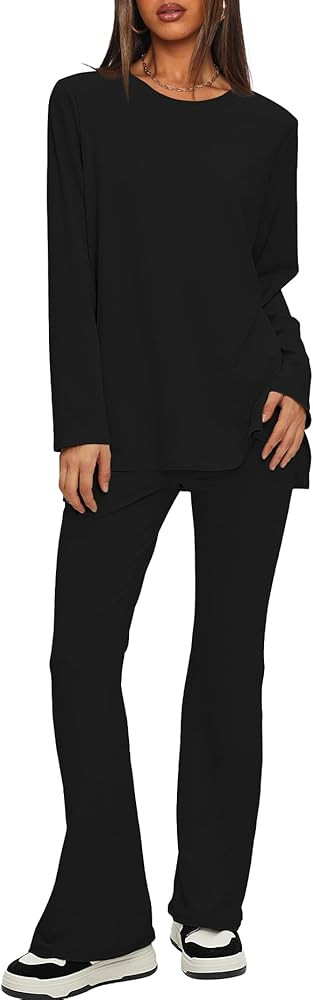 Darong Women 2 Piece Set Fall Outfit Cross Waist Flare Pants Long Sleeve Tunic Top Matching Loung... | Amazon (US)