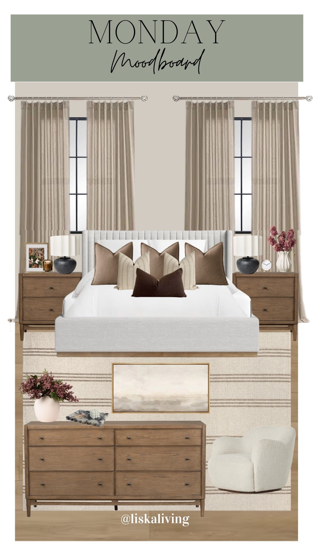 ✨MONDAY MOODBOARD - PRIMARY BEDROOM✨

I am LOVING this neutral bedroom! It just goes to show that neutral does not equal boring! I love the different patterns, gorgeous wood tones and the wood grain in these pieces, and the soft curves of the chair. Adding pops of color through art and stems (faux or real) is a great way to switch it up seasonally!

✨FOLLOW @liskaliving and @oakandolive_designs for more home styling inspo and curated moodboards like this one! Thanks for being here! 🤍

✨SAVE this post for later!

✨Comment SHOP for links 🔗 
.
.
.
.
.
.
#homestyling #neutralhome #neutralshades #mondaymoodboard #homedesign #bedroom #bedroomideas 

#LTKStyleTip #LTKHome