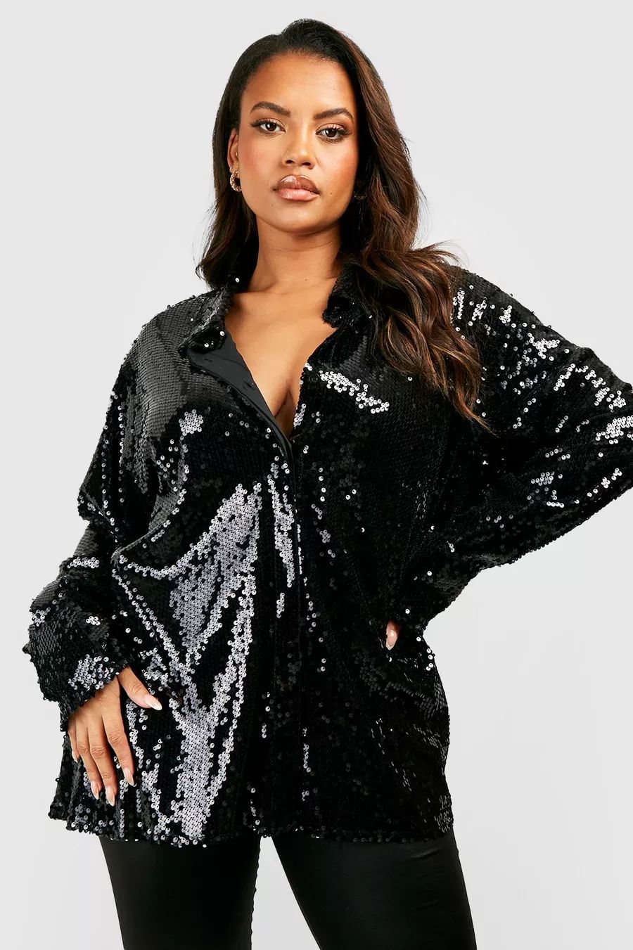 Plus Oversized Deep Cuff Sequin Shirt | Boohoo.com (US & CA)