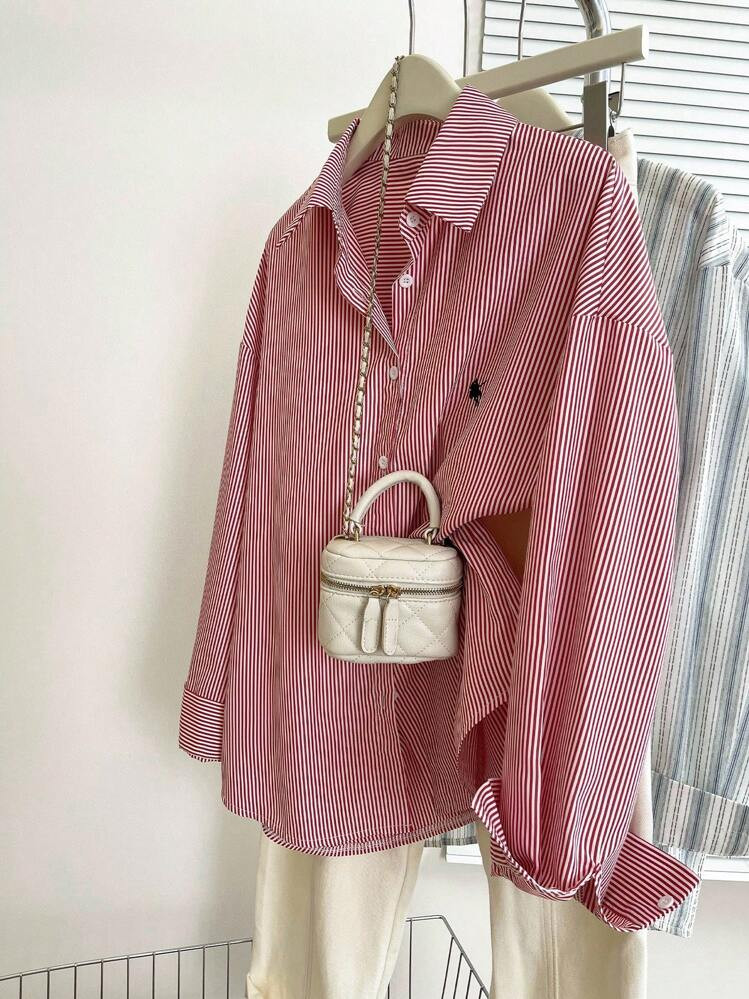 Glimmora Plus Size Embroidered Striped Print Button Front Casual Long Sleeve T-Shirt Fall Cloth For Women | SHEIN