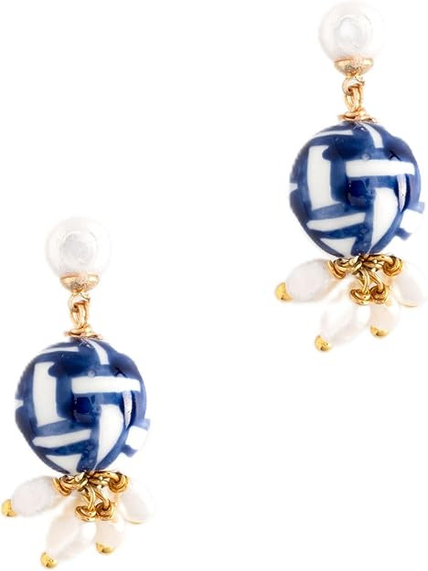 Large Hand Painted White and Blue Bead and Cluster Simulated Pearl Drop Earrings | Amazon (US)