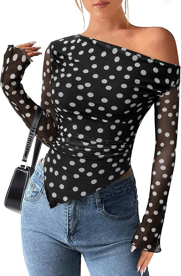 PRETTYGARDEN Womens Fall Trendy Off Shoulder Y2k Tops 2025 Tie Dye Mesh Long Sleeve Shirts Asymme... | Amazon (US)