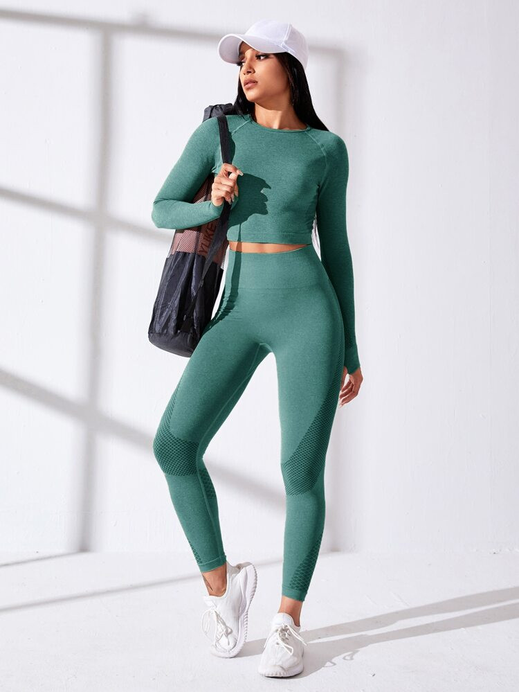 Seamless Thumb Hole Top-stitching Raglan Sleeve Sports Set | SHEIN