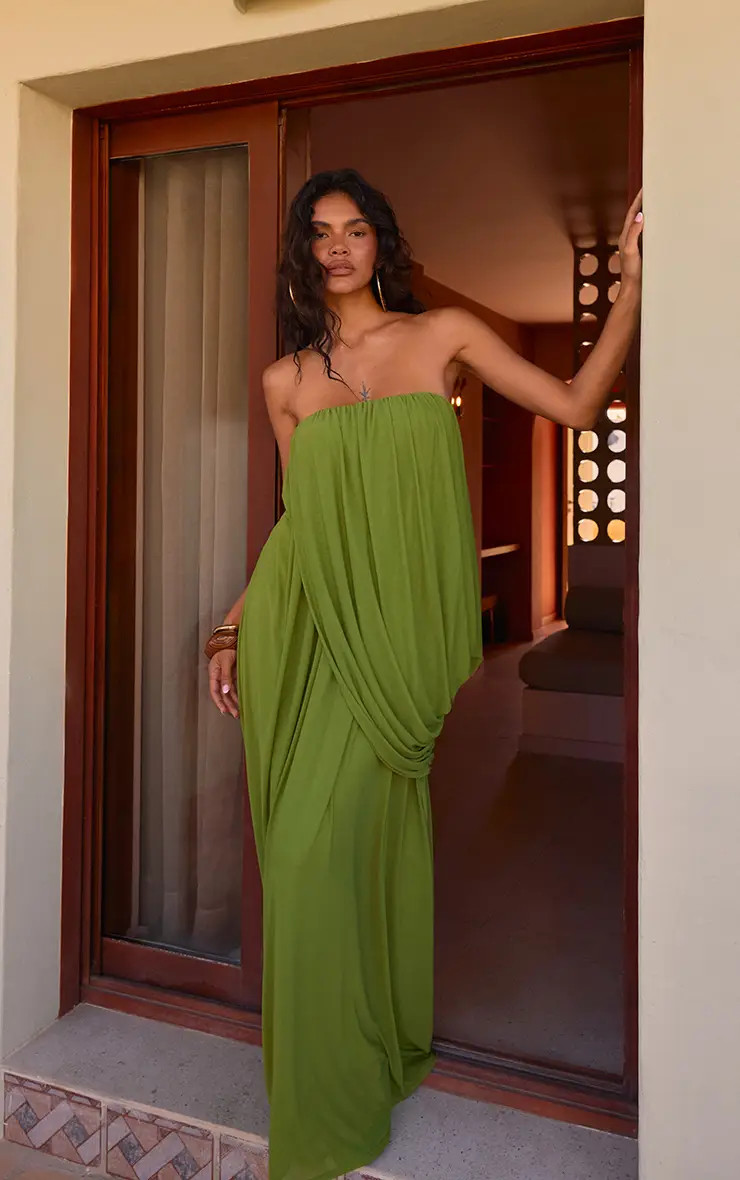 Green Mesh Drape Bandeau Maxi Dress | PrettyLittleThing USA | PrettyLittleThing US