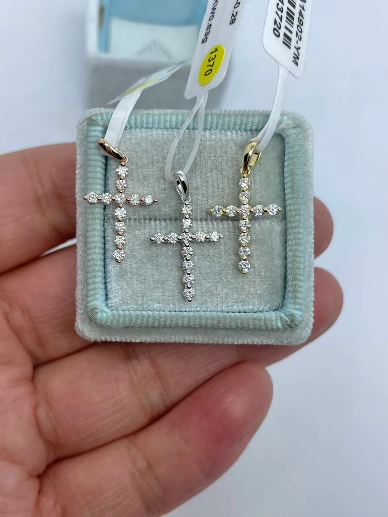 Diamond Cross 18K White Gold, Dainty Cross Necklace, Simple Diamond Cross Pendant, Round Brillian... | Etsy (US)