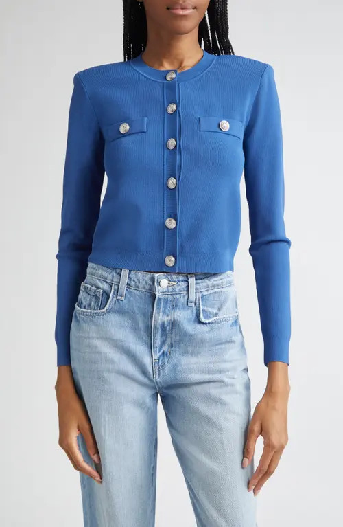 L'AGENCE Toulouse Crewneck Crop Cardigan in Bay Blue/Nickel at Nordstrom, Size X-Small | Nordstrom