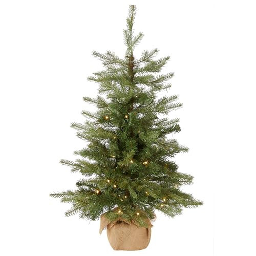National Tree Company 3 ft Pre-Lit Nordic Spruce Mini Artificial Christmas Tree, Burlap Base, Red Bow, 50 Clear LED Lights, 363 Tips, Timer, Green | Amazon (US)