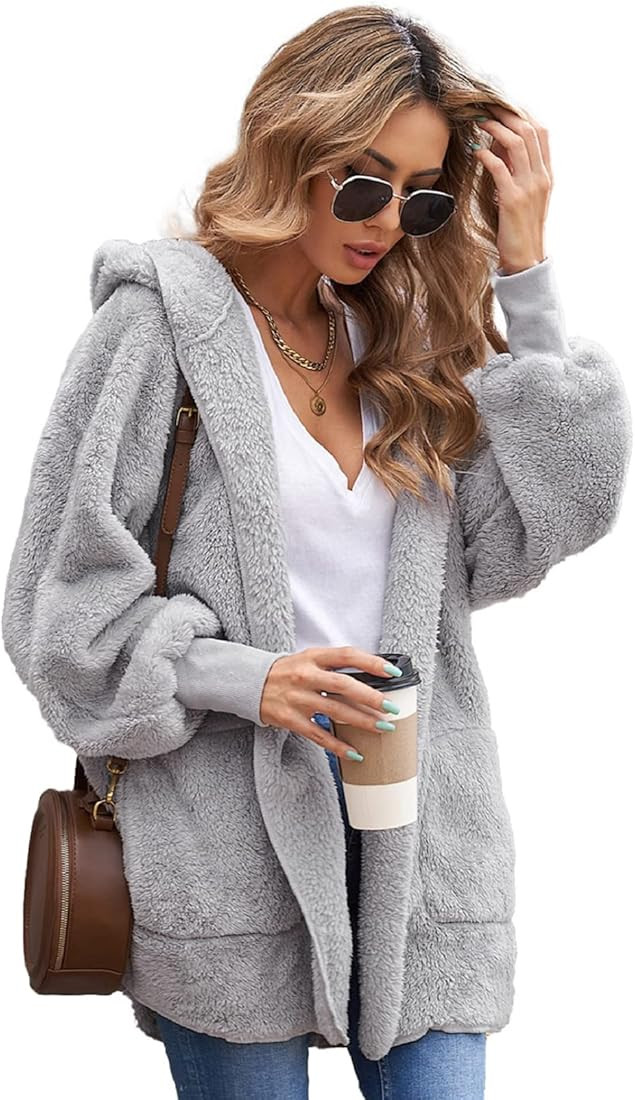 HEEKPEK Women Fuzzy Cardigan Hooded Jacket Spring Open Front Fleece Coat Outwear with Pockets Ove... | Amazon (CA)