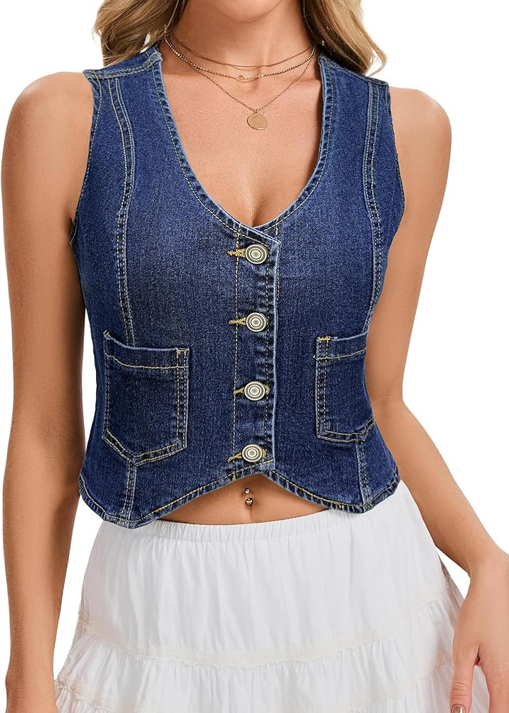 Genhoo Denim Vest Sleeveless Jean Vest Top for Women V Neck Button Down Cropped Denim Top with Po... | Amazon (US)