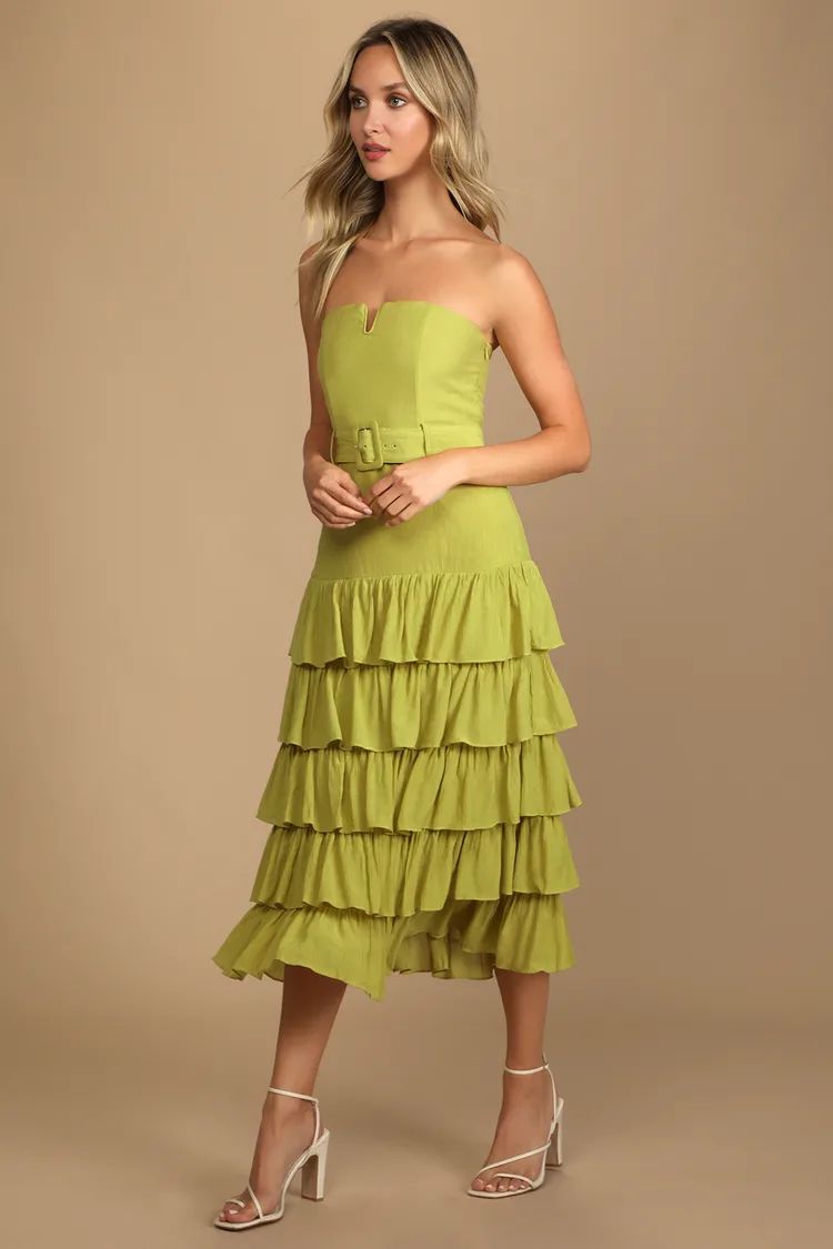 Catch a Cruise Lime Green Strapless Belted Tiered Midi Dress | Lulus (US)